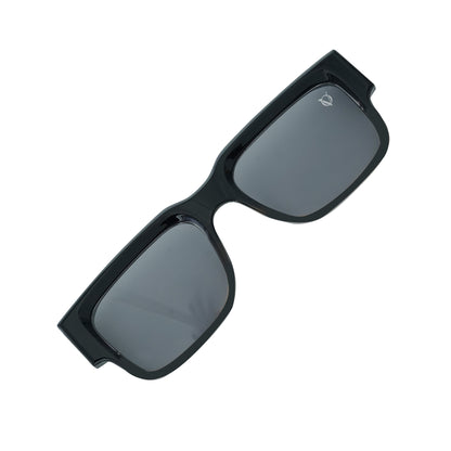 Black square sunglasses with polarized grey lenses and a durable lightweight frame-angle view
