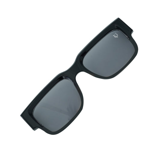 Black square sunglasses with polarized grey lenses and a durable lightweight frame-angle view
