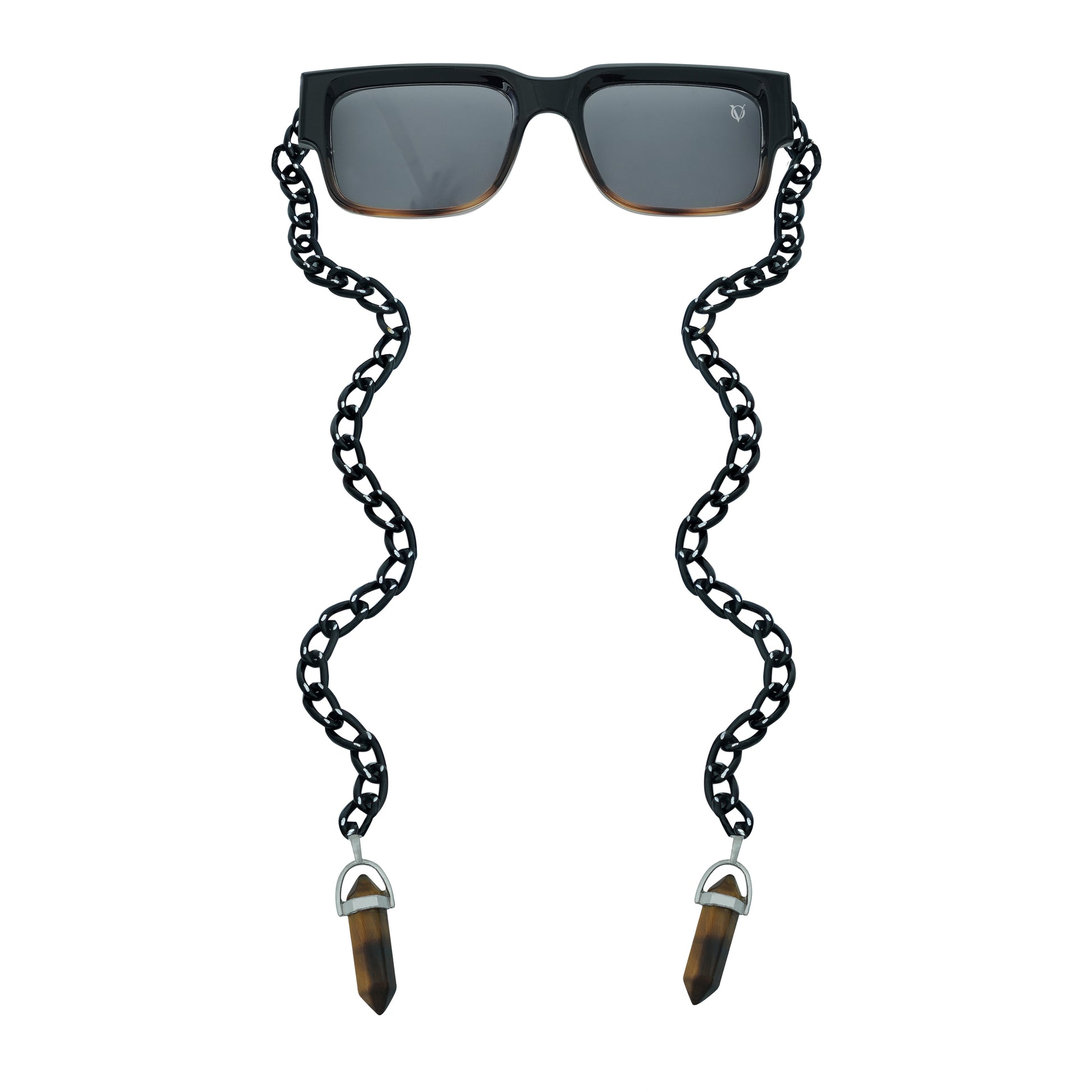 Black rectangular sunglasses with a decorative black chain strap and brown crystal charms attached at the ends-front view