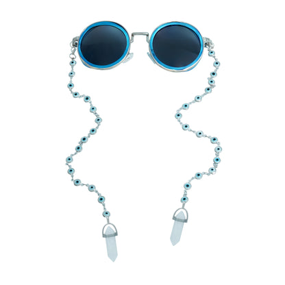 Trendy oversized blue round lenses adorned with a silver-tone evil eye chain and translucent white charm for a fashion statement-front view