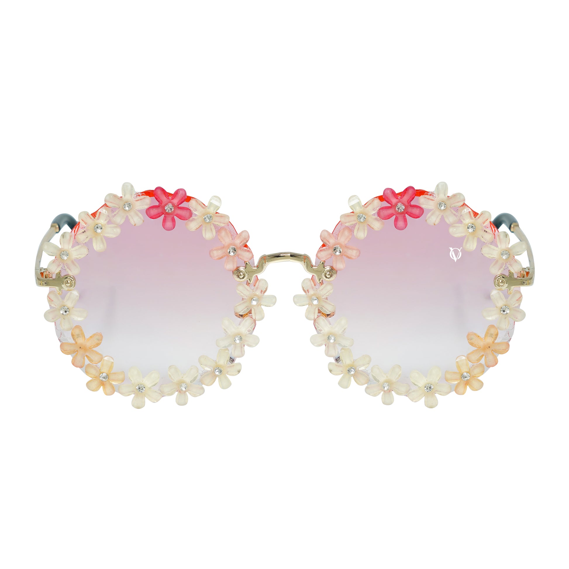Sunglasses with gradient orange shade, flower crystal-studded lenses-front view