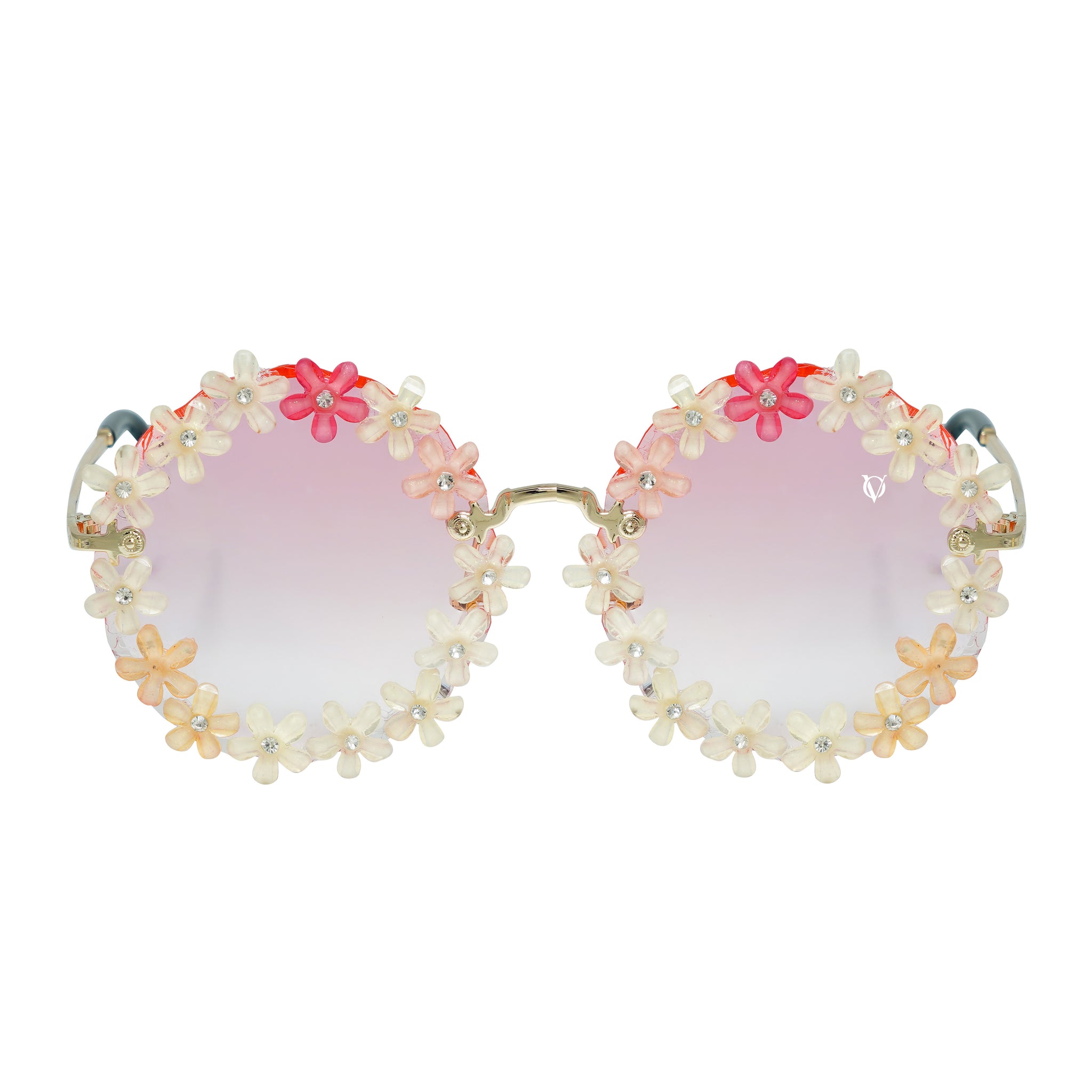 Sunglasses with gradient orange shade, flower crystal-studded lenses-front view