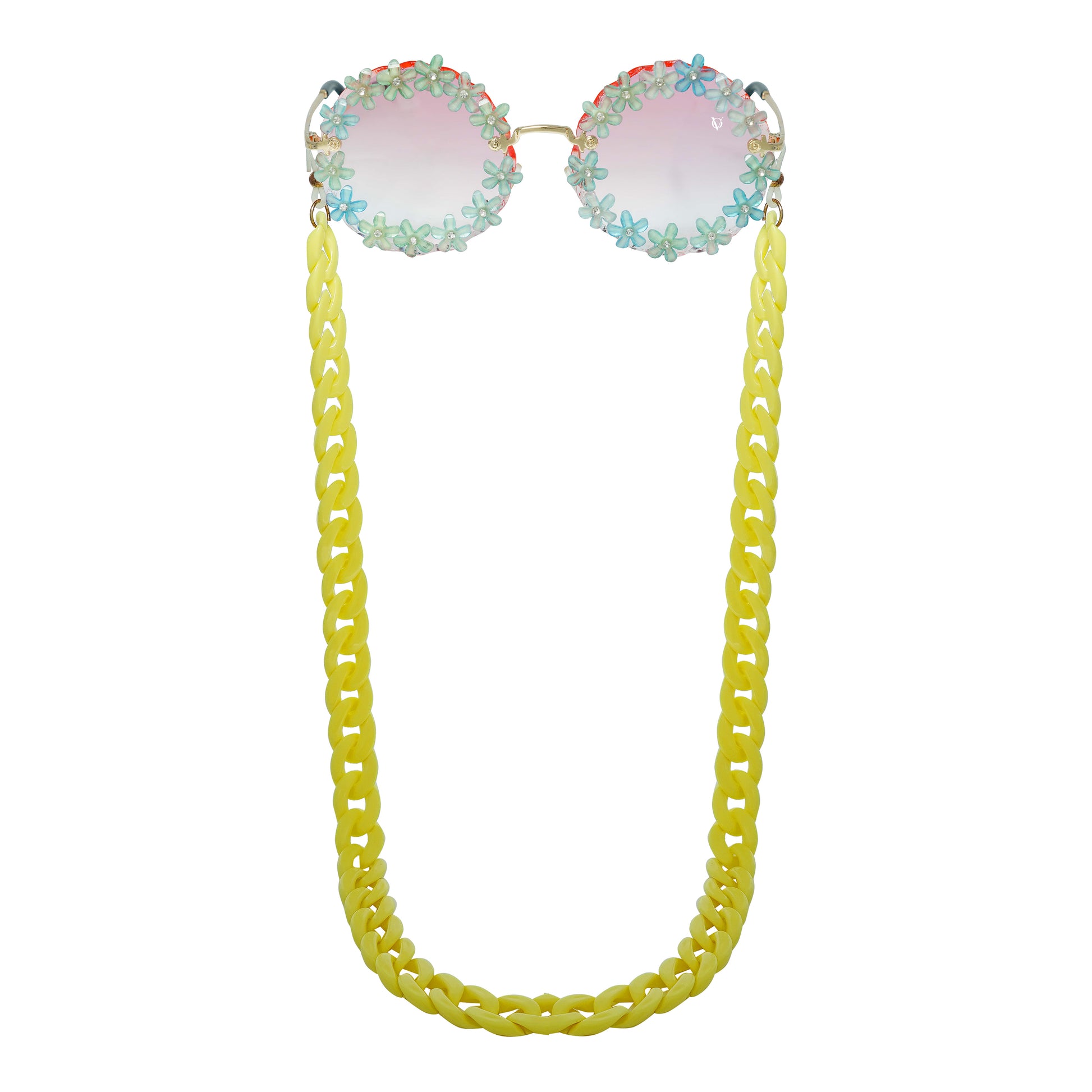 Sunglasses with gradient flower crystal-studded lenses attached to a bold chunky yellow chain-front view
