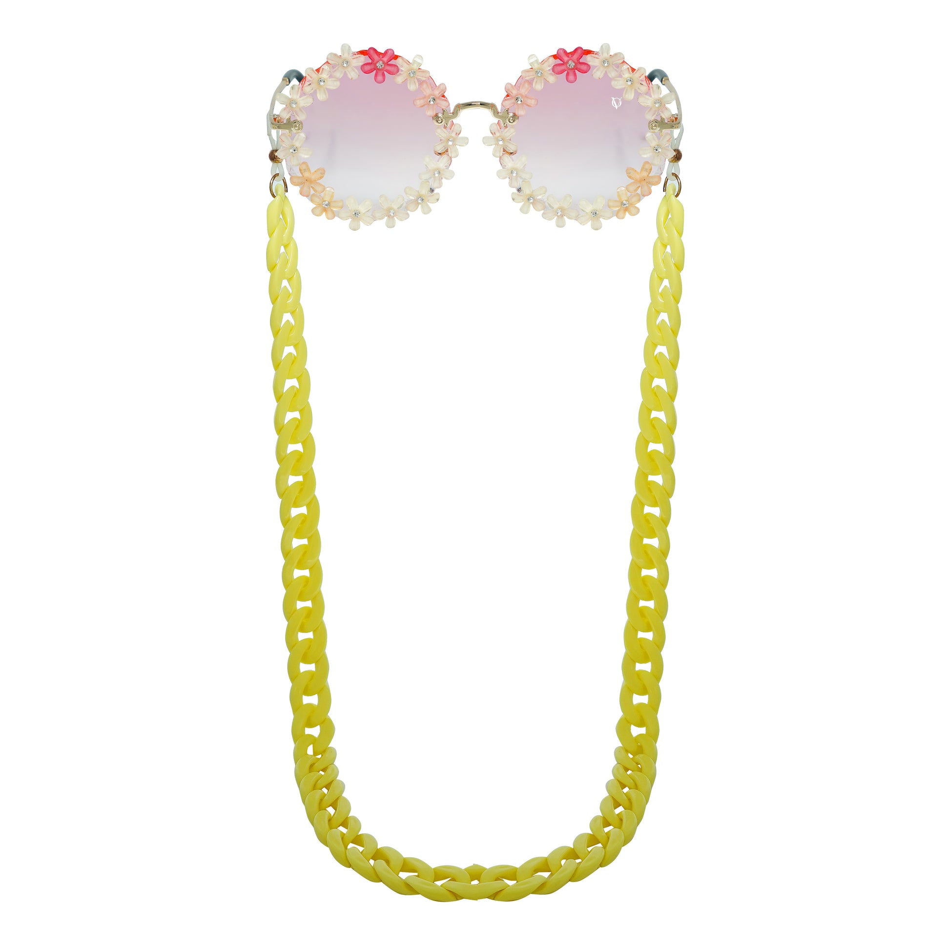 Sunglasses with gradient orange shade flower crystal-studded lenses attached to a bold chunky yellow chain-front view
