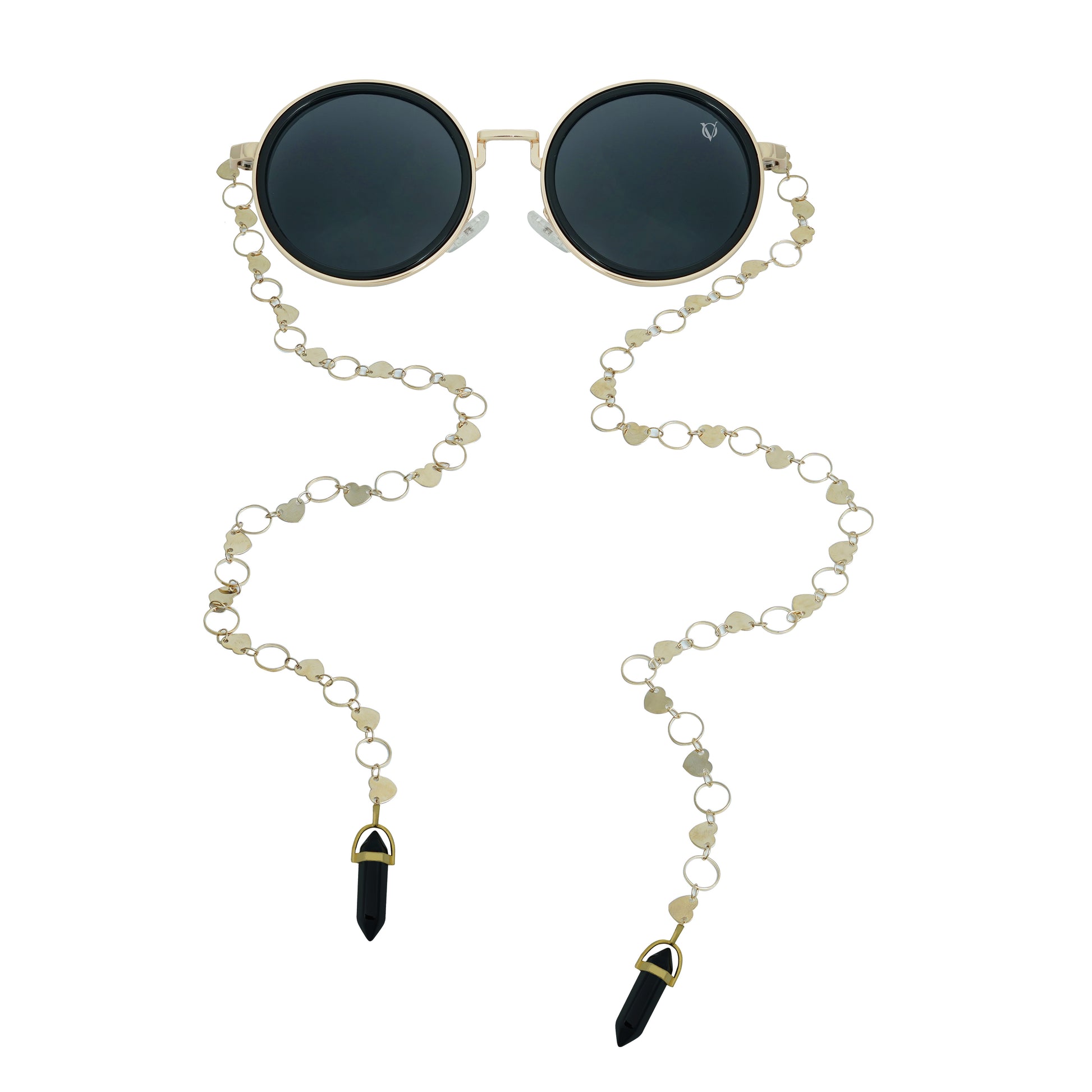 Round sunglasses with dark lenses, a gold frame, and a dual-link gold chain strap, or oval rings and leaf discs featuring black charms-front view