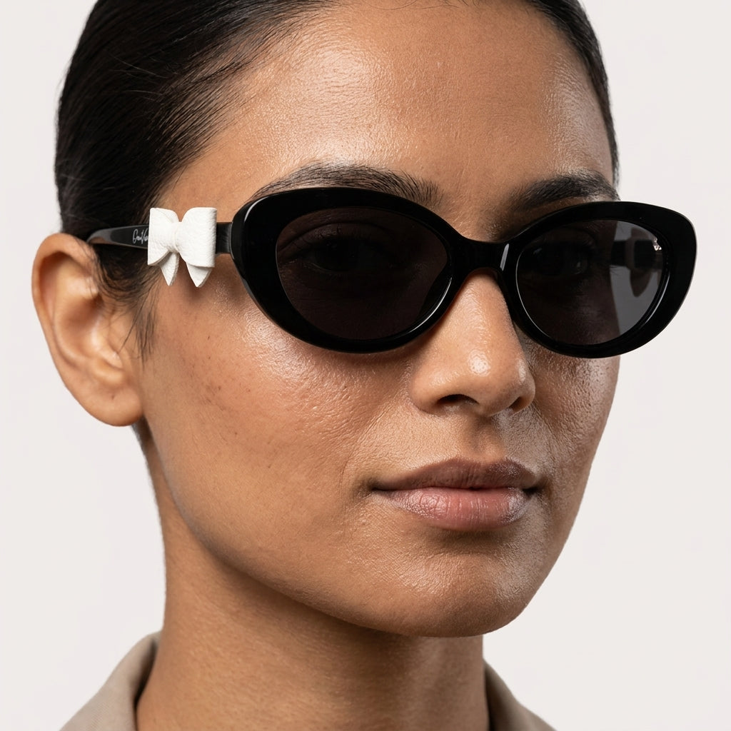 Midnight Bow Oval Sunglasses (T-57) White Bow