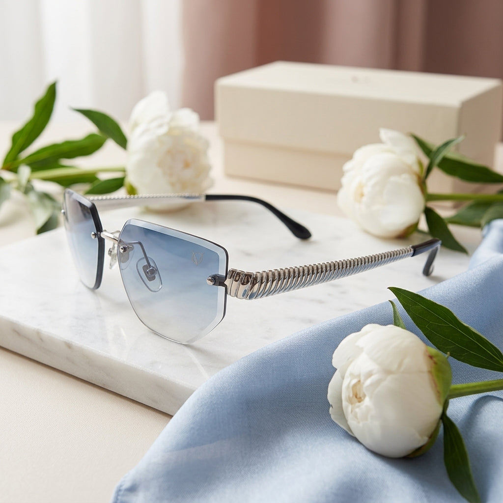 Silver Edge Rimless Blue Gradient Sunglasses (2748)