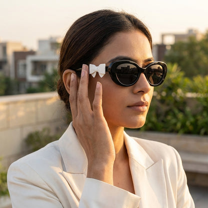 Midnight Bow Oval Sunglasses (T-57) White Bow