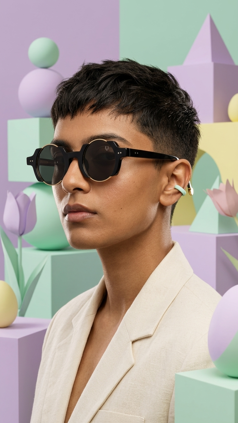 Person wearing sunglasses with a colorful geometric background