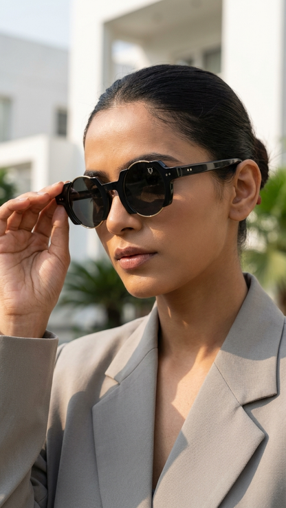 Woman wearing sunglasses with a blurred outdoor background