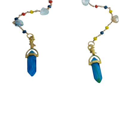 Gold frame sunglasses with blue lenses and colorful beaded chain featuring blue crystal pendants-charm view