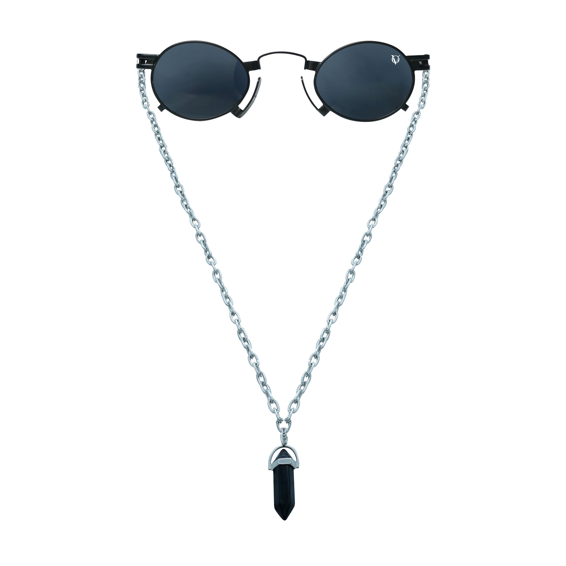 Round black sunglasses with a silver chain featuring a black crystal pendant-front view