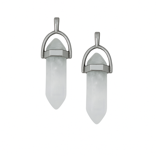 Clear-greyish crystal pointed charms with silver caps-front view