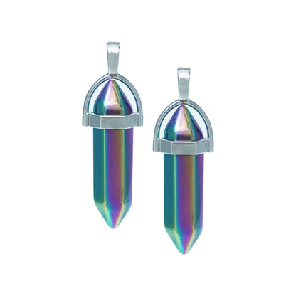 Holographic vibrant crystal point charms with a silver cap -front view