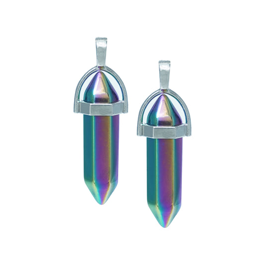 Holographic vibrant crystal point charms with a silver cap -front view