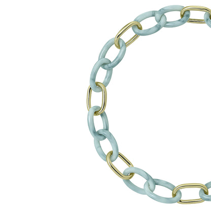Chunky light blue and gold chain strap for sunglasses with interlocking acrylic links 