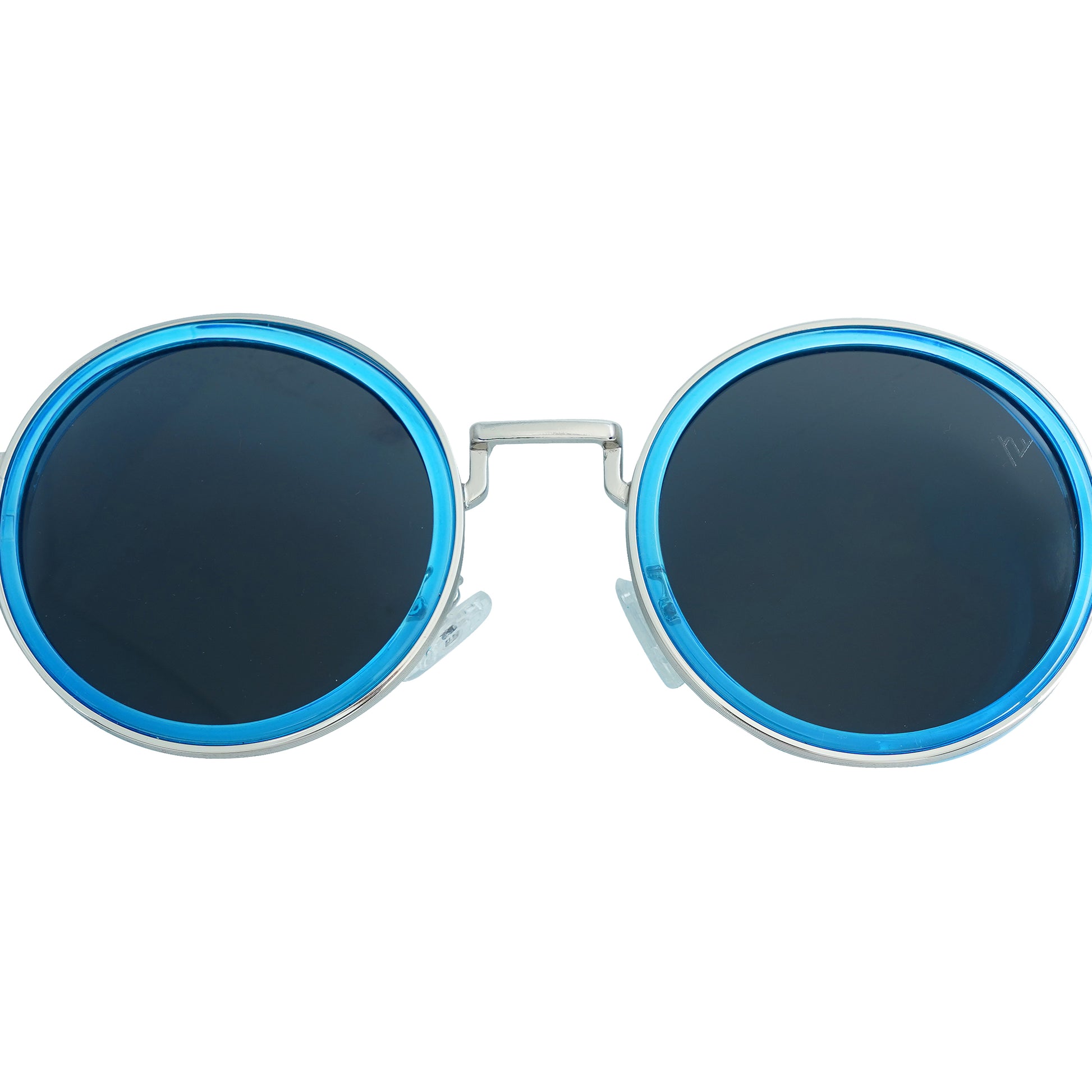 Round sunglasses with silver metallic frame and dark lenses featuring a blue rim accent-zoomed view