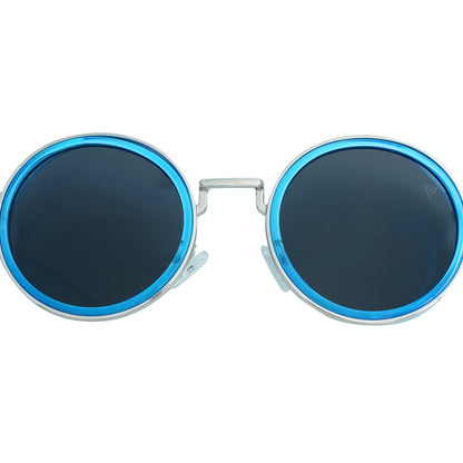 Round sunglasses with silver metallic frame and dark lenses featuring a blue rim accent-zoomed view