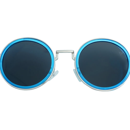Round sunglasses with silver metallic frame and dark lenses featuring a blue rim accent-zoomed view