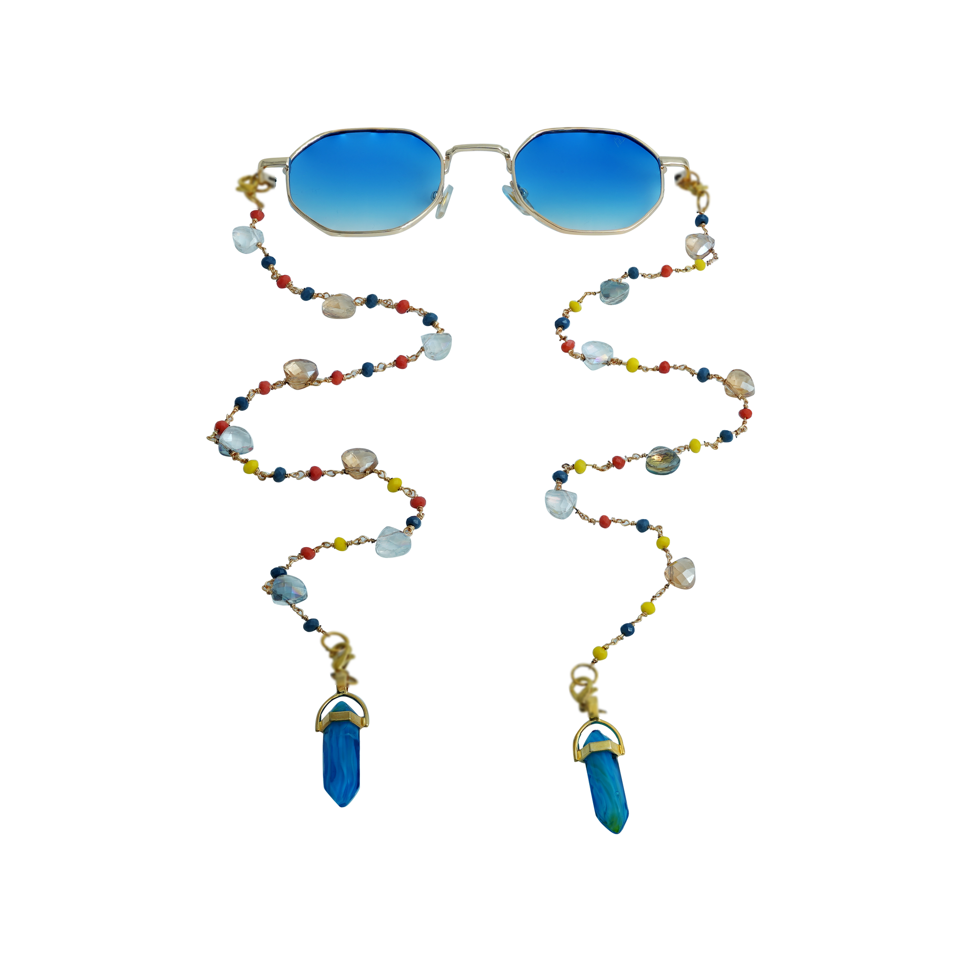 Gold frame sunglasses with blue lenses and colorful beaded chain featuring blue crystal pendants-front view