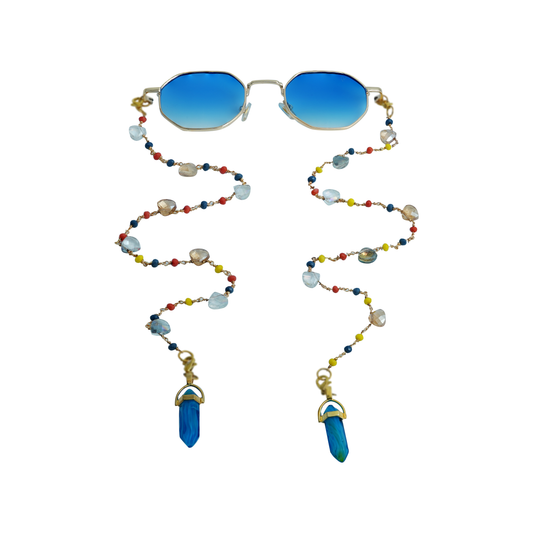 Gold frame sunglasses with blue lenses and colorful beaded chain featuring blue crystal pendants-front view