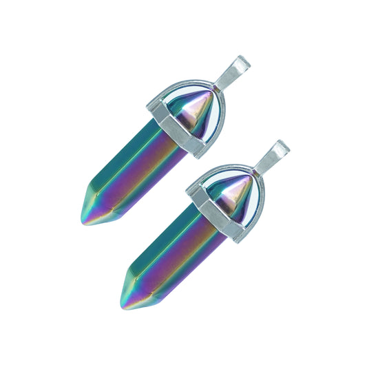 Holographic vibrant crystal point charms with a silver cap-angle view