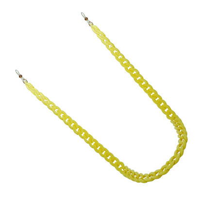 Chunky yellow acrylic sunglasses chain with interlocking links and white rubber loops on each end.