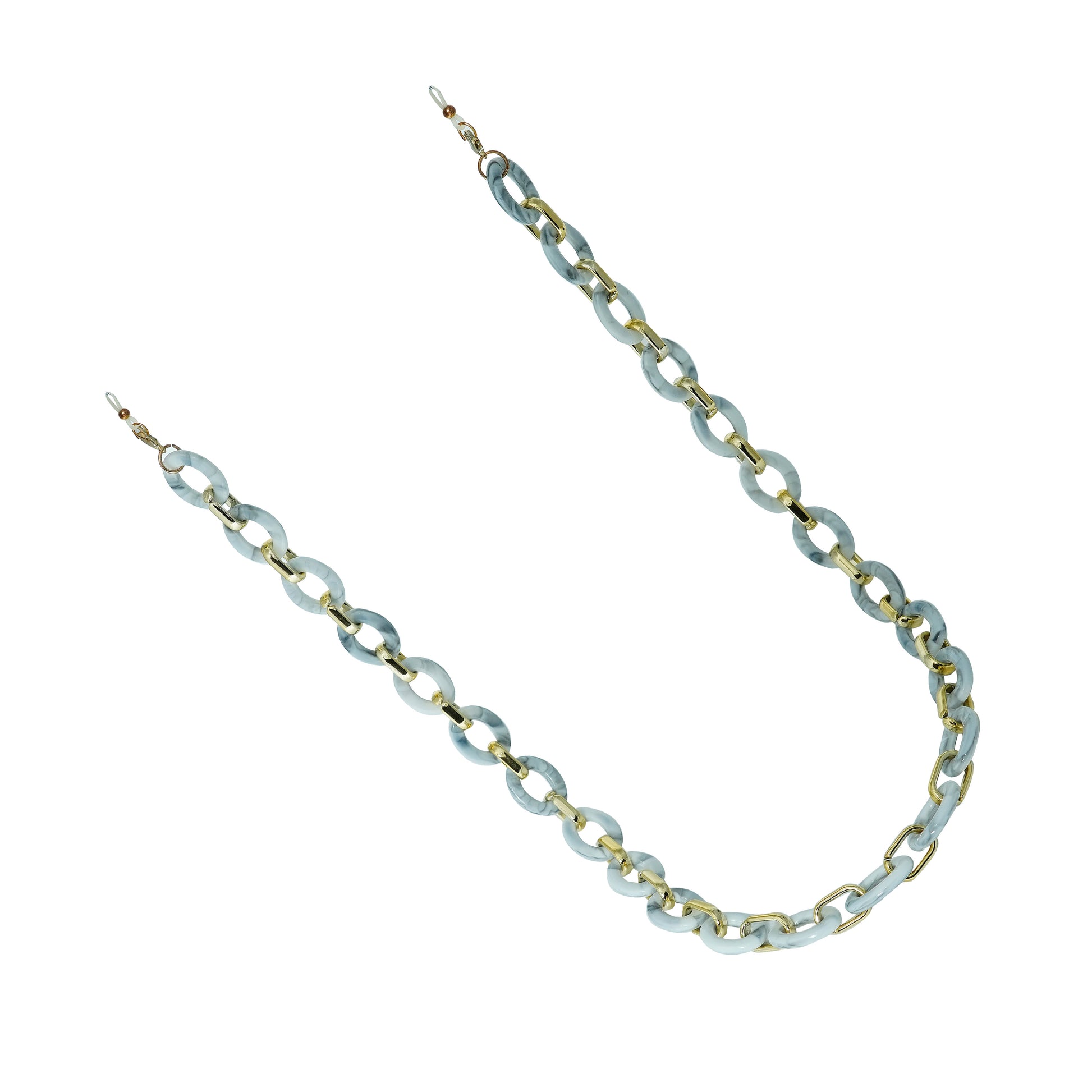 Chunky light blue and gold chain strap for sunglasses with interlocking acrylic links and end loops.