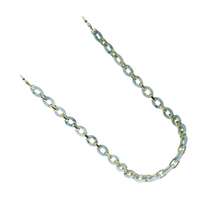 Chunky light blue and gold chain strap for sunglasses with interlocking acrylic links and end loops.