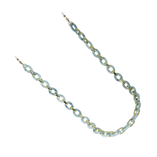 Chunky light blue and gold chain strap for sunglasses with interlocking acrylic links and end loops.