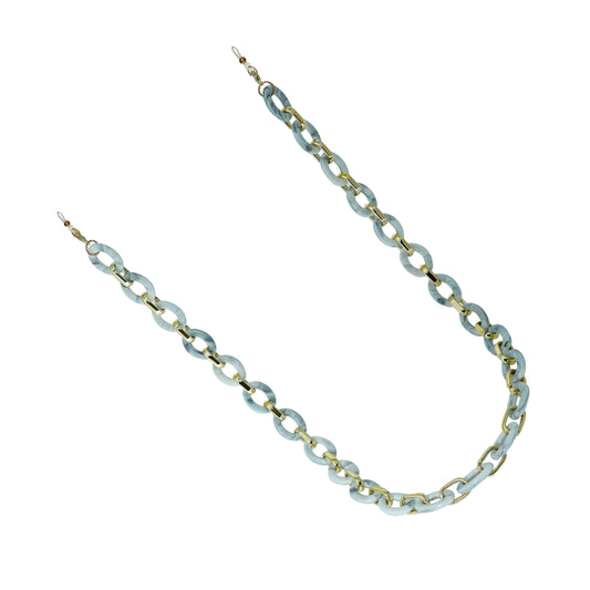 Chunky light blue and gold chain strap for sunglasses with interlocking acrylic links and end loops.