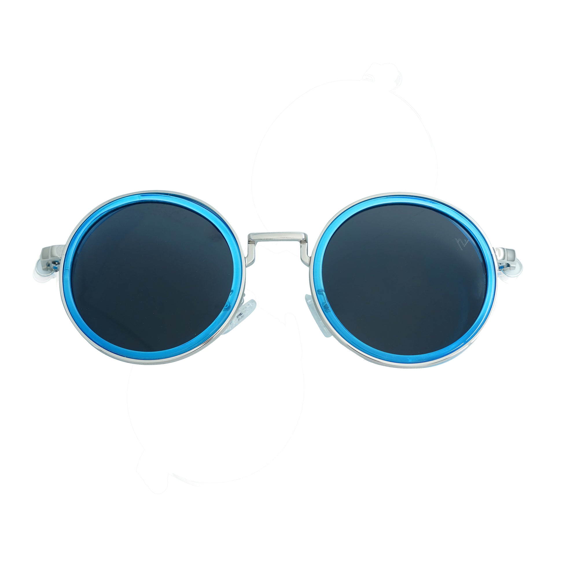 Round sunglasses with silver metallic frame and dark lenses featuring a blue rim accent-front view