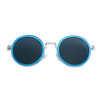 Round sunglasses with silver metallic frame and dark lenses featuring a blue rim accent-front view