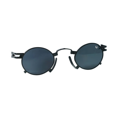 Black square sunglasses with polarized grey lenses and a durable lightweight black frame-tilted view