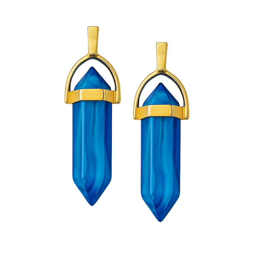 Blue crystal pointed charms with golden caps-front view
