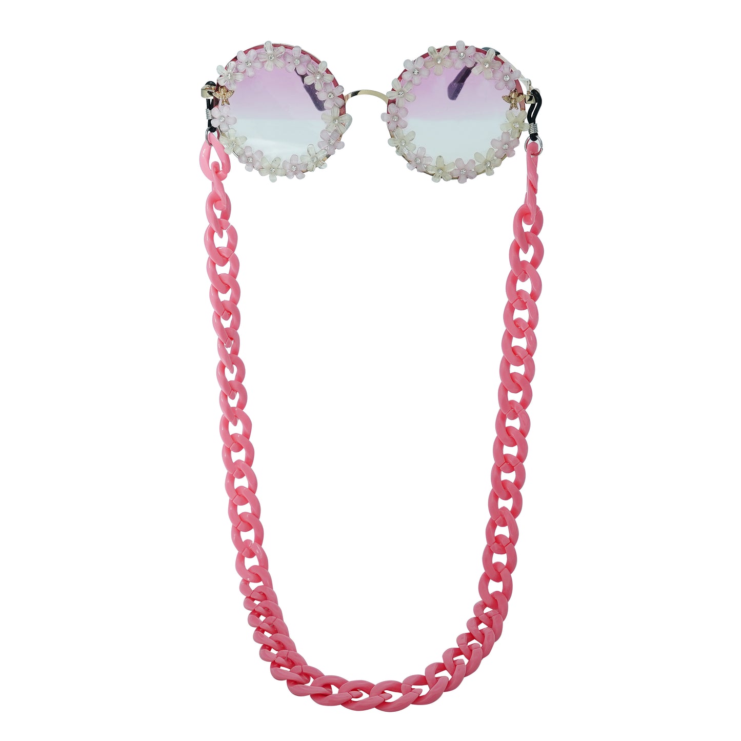 Elegant round sunglasses with floral crystal-studded finishing, adorned with a pink funky chain for a playful vibe.