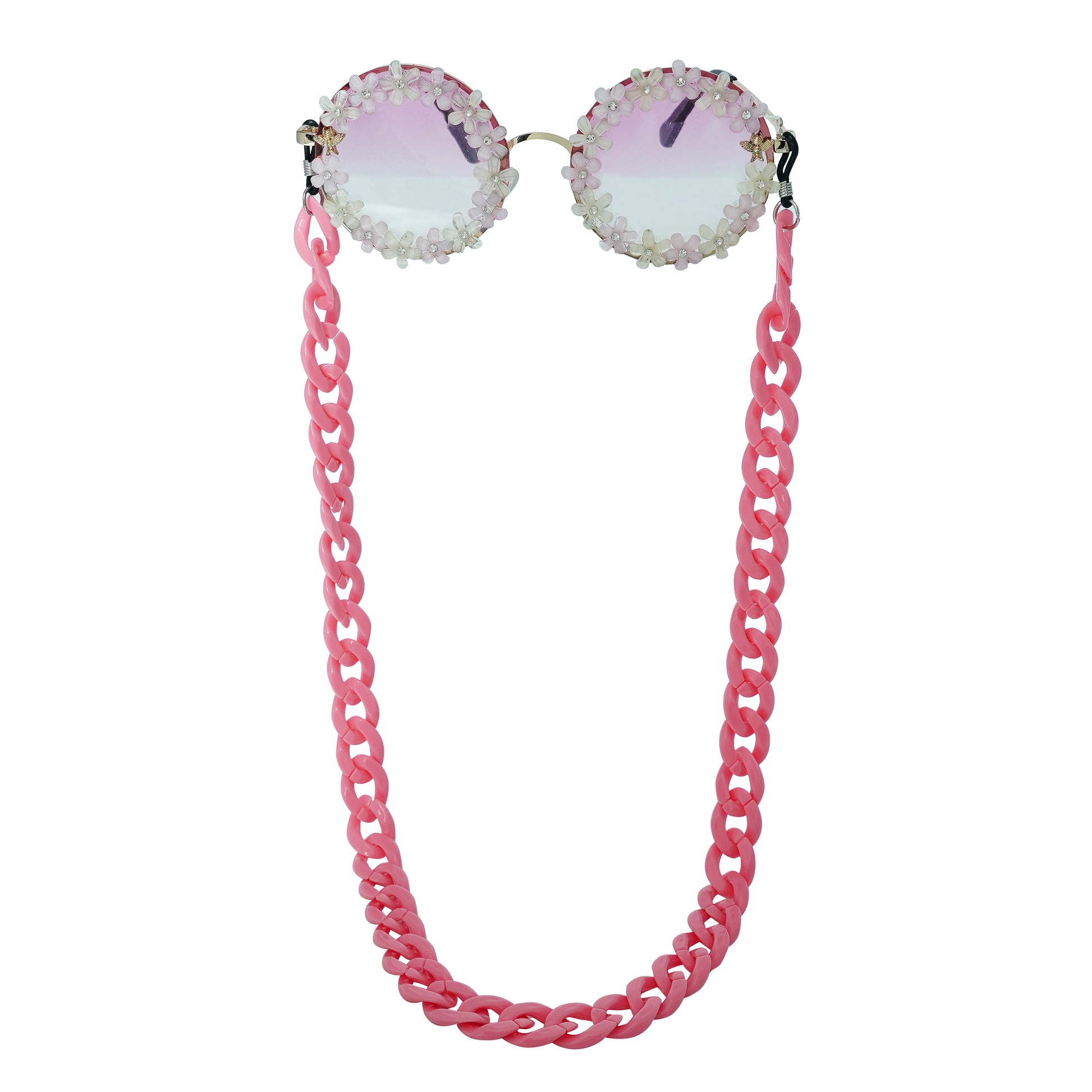 Elegant round sunglasses with floral crystal-studded finishing, adorned with a pink funky chain for a playful vibe.