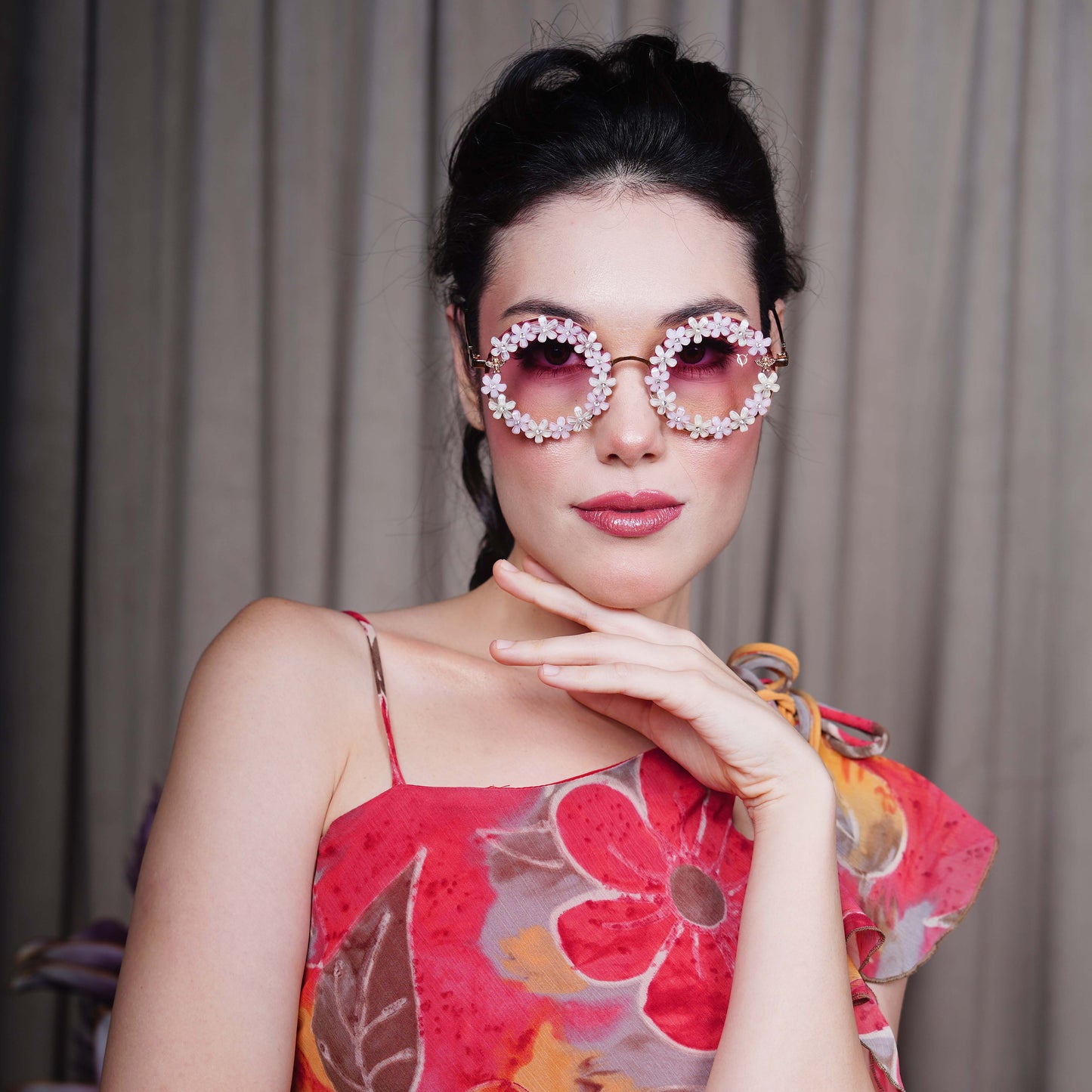 Oversized pink gradient lenses with floral crystal studded finishing-front view