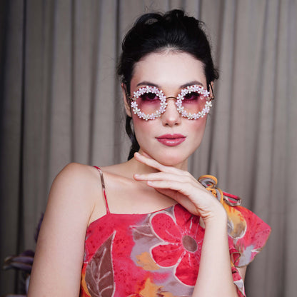 Oversized pink gradient lenses with floral crystal studded finishing-front view