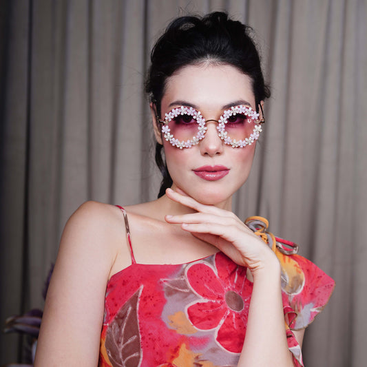 Oversized pink gradient lenses with floral crystal studded finishing-front view