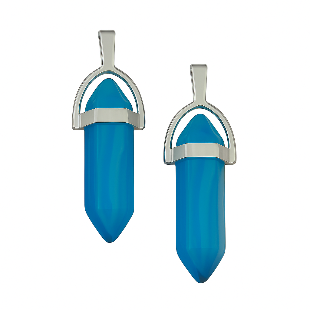 Blue crystal point charms with a silver cap-front view