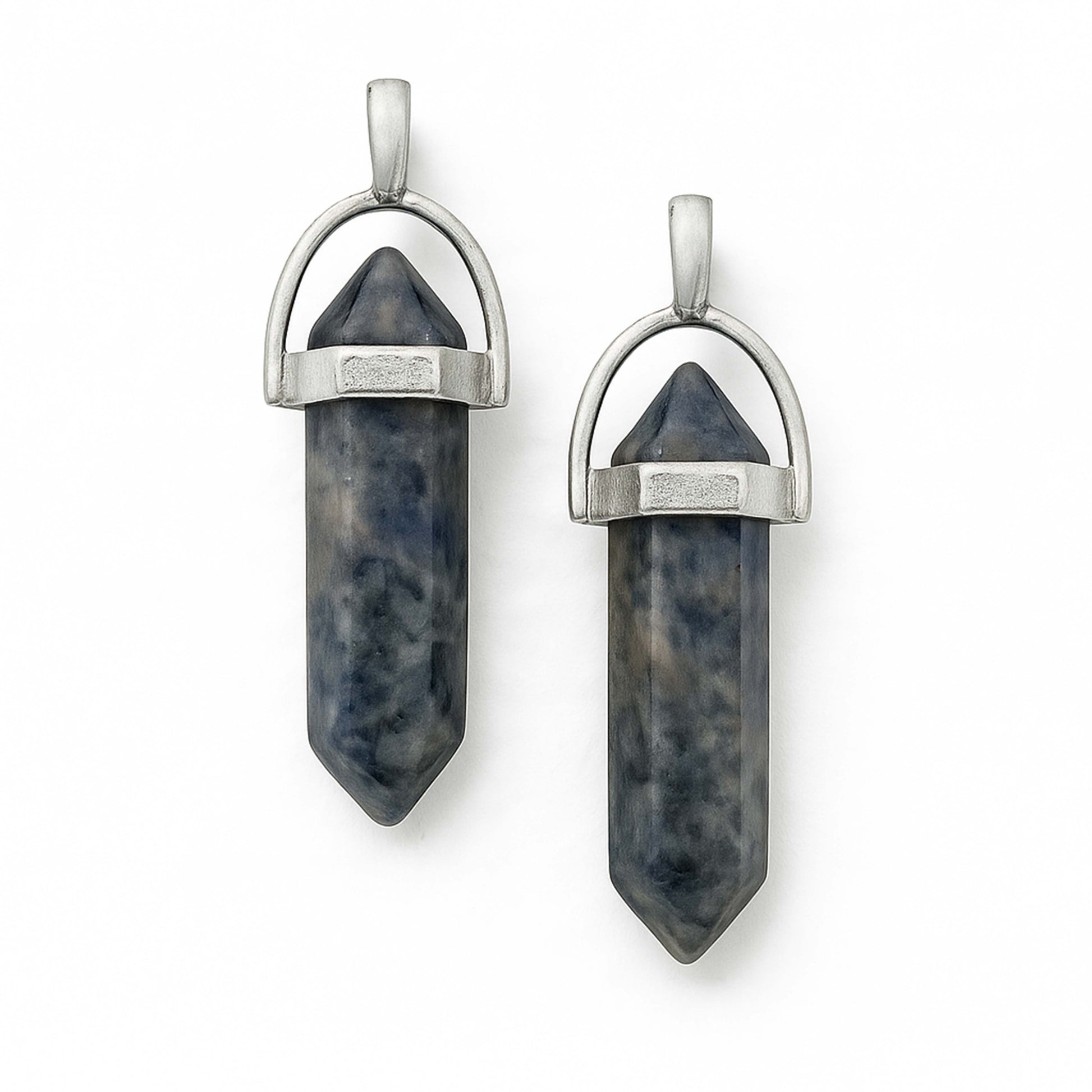 Blue sodalite crystal pointed charms with silver caps-front view