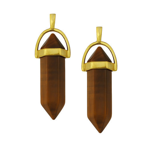 Brown tiger eye crystal pointed charms with gold caps-front view