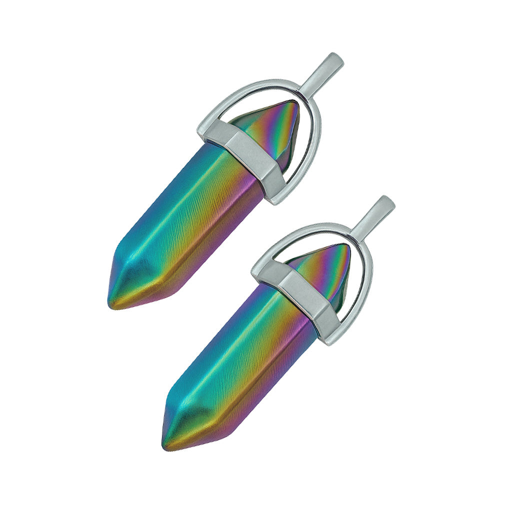 Holographic, vibrant crystal pointed charms with a silver cap-angle view