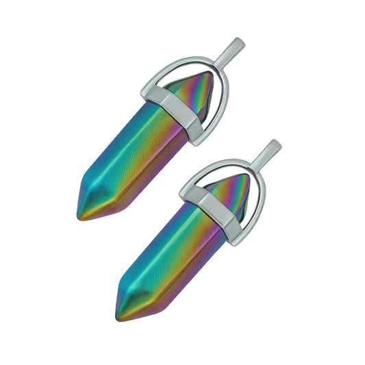 Holographic, vibrant crystal pointed charms with a silver cap-angle view