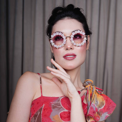 Oversized pink gradient lenses with floral crystal studded finishing-styling view