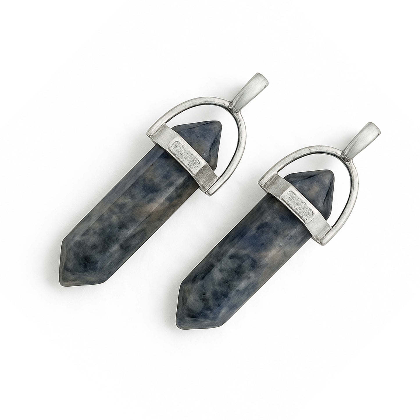 Blue sodalite crystal pointed charms with silver caps-angle view