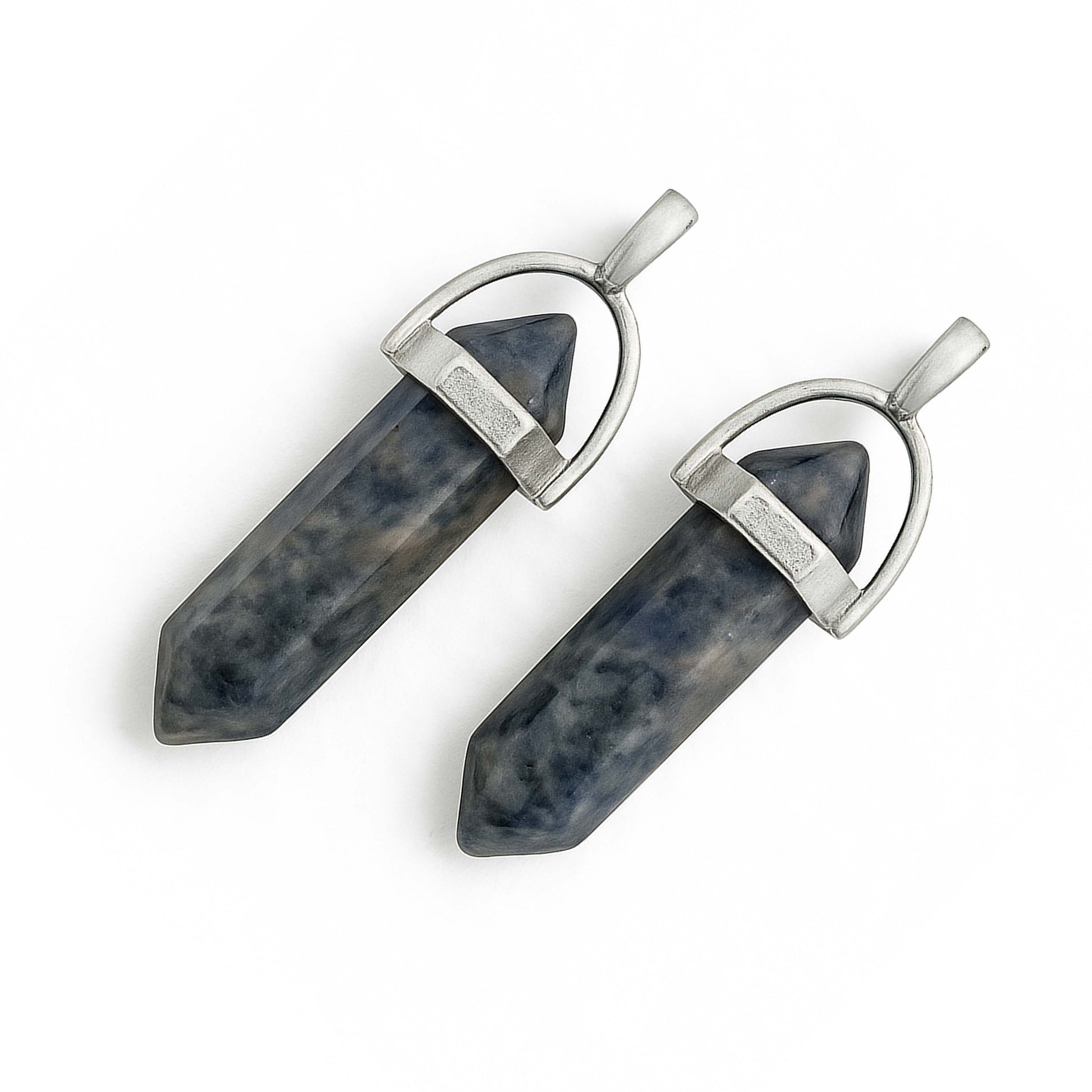 Blue sodalite crystal pointed charms with silver caps-angle view