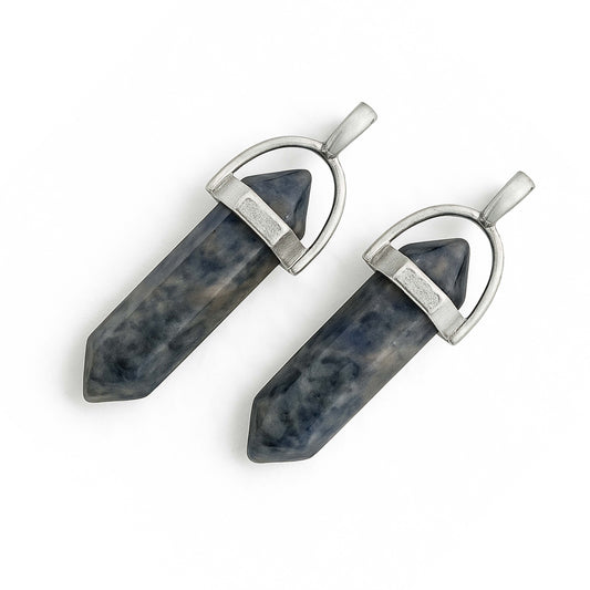 Blue sodalite crystal pointed charms with silver caps-angle view