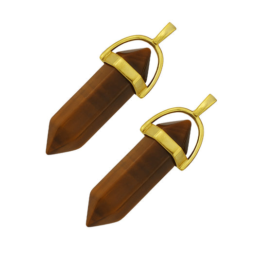 Brown tiger eye crystal pointed charms with gold caps-angle view